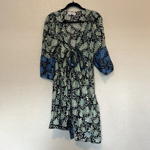 A Piece Apart 100% Silk Wrap Dress Size 2 Black And Blue Floral
